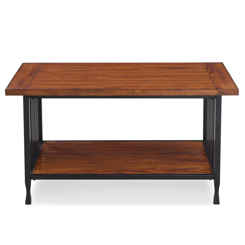 Leick Home Ironcraft 38 in. L Mission Oak and Black Rectangle Wood Coffee Table with Shelf 11203