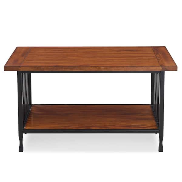 Leick Home Ironcraft 38 in. L Mission Oak and Black Rectangle Wood Coffee Table with Shelf