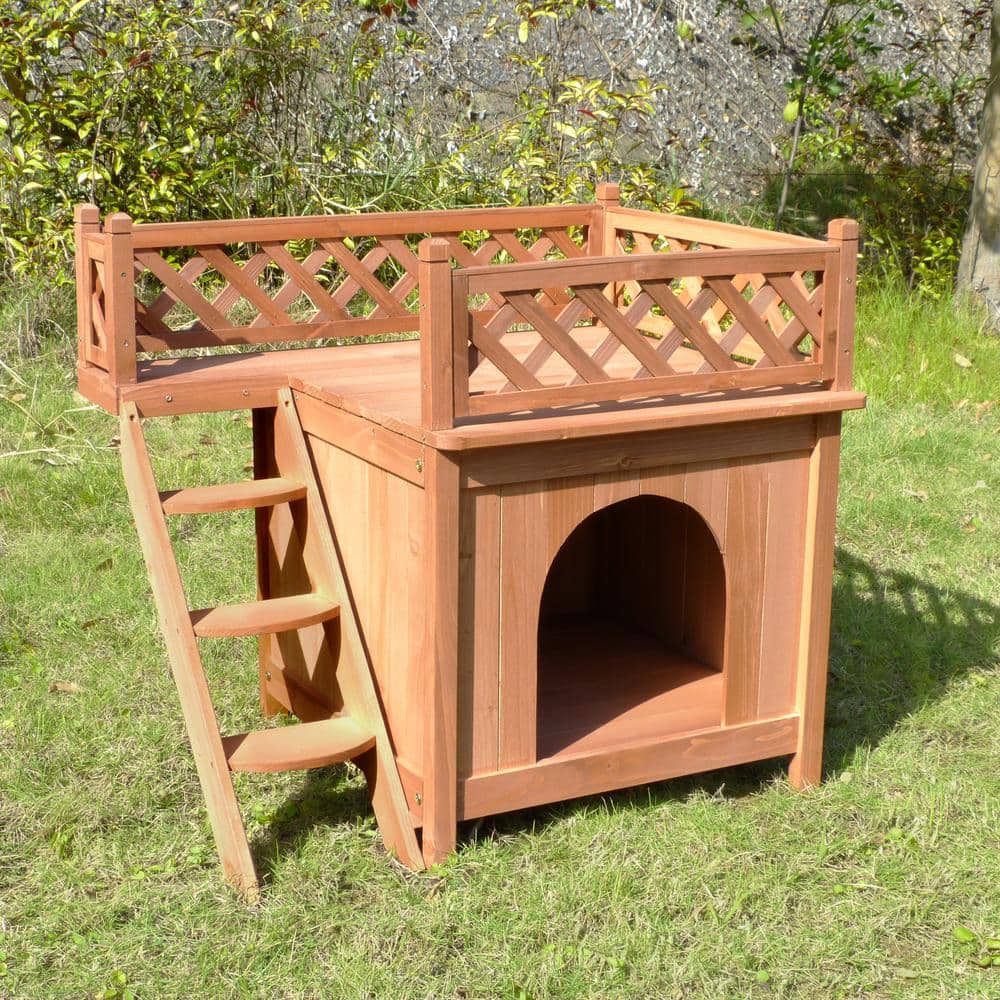 Small Cedar Stain Wooden Dog House with Rooftop Balcony
