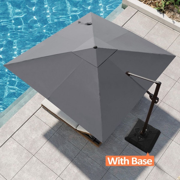 Pellebant 10.5 ft. x 10.5 ft. Square Aluminum Adjustable Tilt Cantilever 360° Rotation Patio Umbrella in Dark Gray with Base