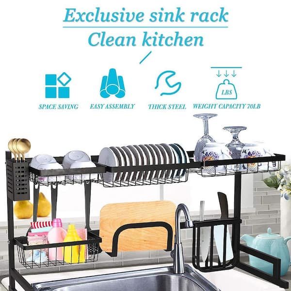 Aoibox 2-Tiers Fingerprint-Proof Stainless Steel Over Sink Drying Dish Rack  with Utensil Holder, Cutting Board Holder in Black HDSA17KI003 - The Home  Depot