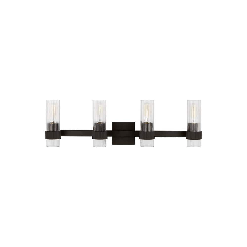Geneva 30 in. W x 8.875 in. H 4-Light Aged Iron Mid-Century Modern Vanity Light with Clear Fluted Glass Shades price history on PriceWatchPro