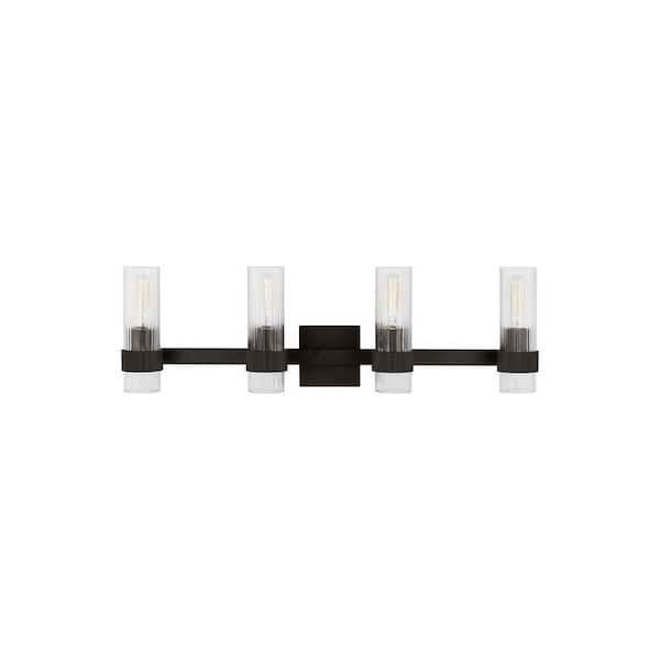 Generation Lighting Geneva 30 in. W x 8.875 in. H 4-Light Aged Iron Mid-Century Modern Vanity Light with Clear Fluted Glass Shades
