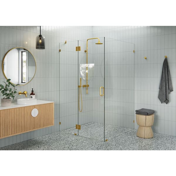 Glass Warehouse 50 in. W x 48 in. D x 78 in. H Pivot Frameless Corner Shower Enclosure in Satin Brass Finish with Clear Glass