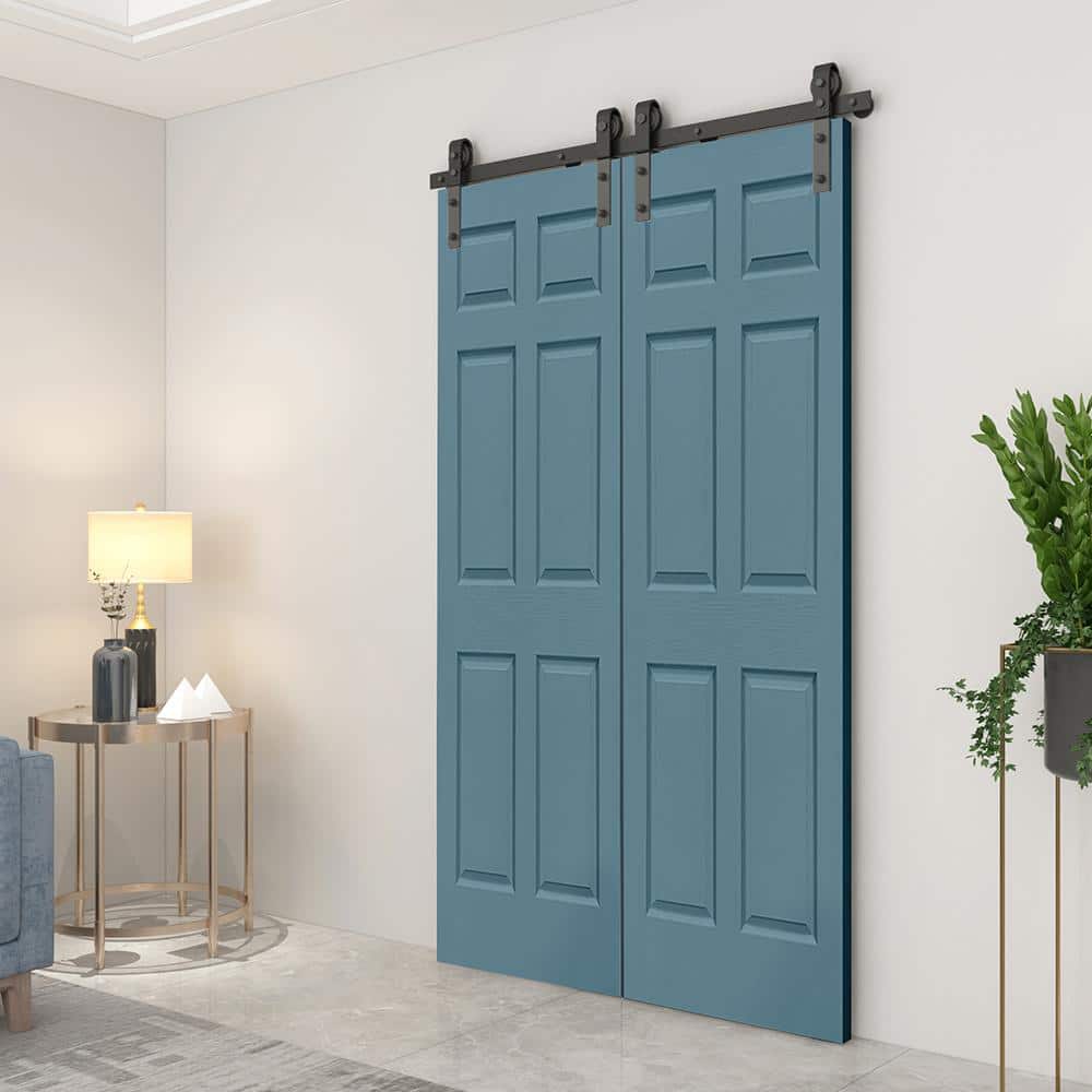 Dignity Blue 48" x 80" MDF Double Bifold Barn Doors with Black Hardware