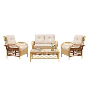 4--Piece Beige Wicker Patio Conversation Seating Set with Beige Cushions and Coffee Table
