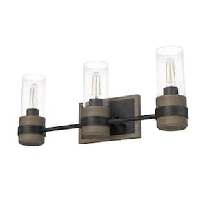 River Mill 21.5 in. 3-Light Rustic Iron Vanity Light with Clear Seeded Glass Shades