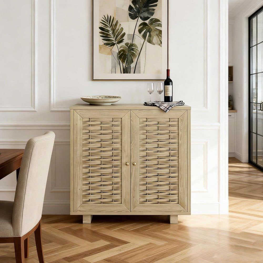 Light Brown Oak 30.3 in. Accent Cabinet Office Storage Cabinet with 1 Shelf 2 Woven Pattern Doors Storage Cabinet