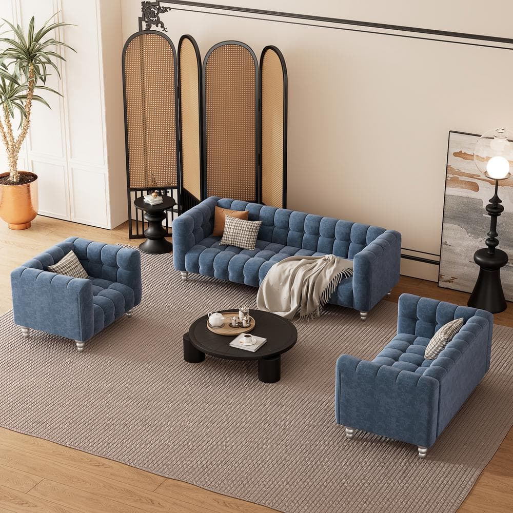 Harper Bright Designs Modern Tufted Blue 3 Piece Polyester Living Room Set CJ046AAC The Home Depot