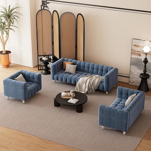 Modern Tufted Blue 3-Piece Polyester Living Room Set