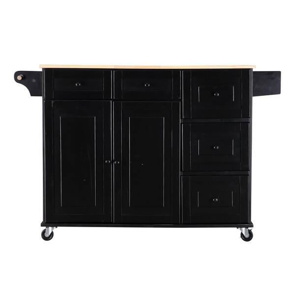 Zeus & Ruta Black Kitchen Island on Wheels,Kitchen Cart with Drop Leaf & Wooden Countertop,Spice Rack,Adjustable Shelves and Drawers