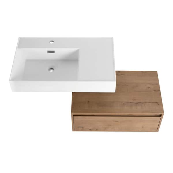 30 in. Wall-Mounted Single Oak Bath Vanity with White Resin Top Assembled