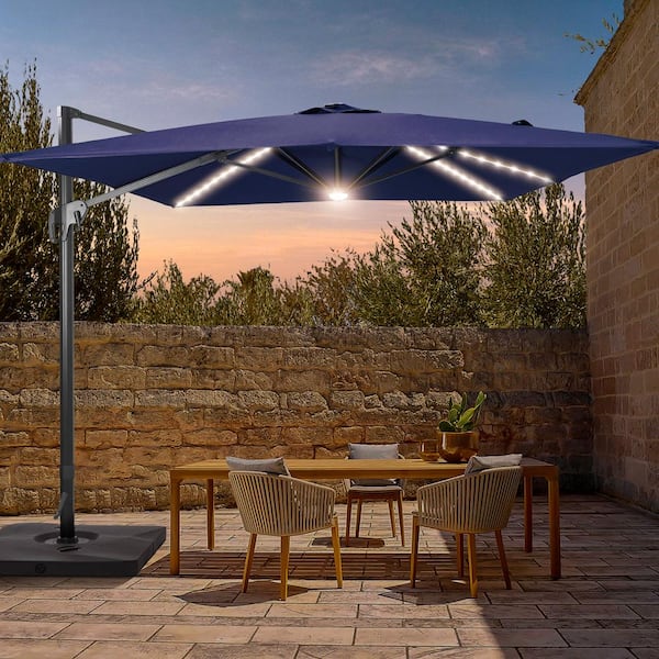 JOYESERY 11.5 ft. x 9 ft. Outdoor Rectangular Cantilever LED Patio Umbrella, Solution-Dyed Fabric Aluminum Frame in Navy Blue