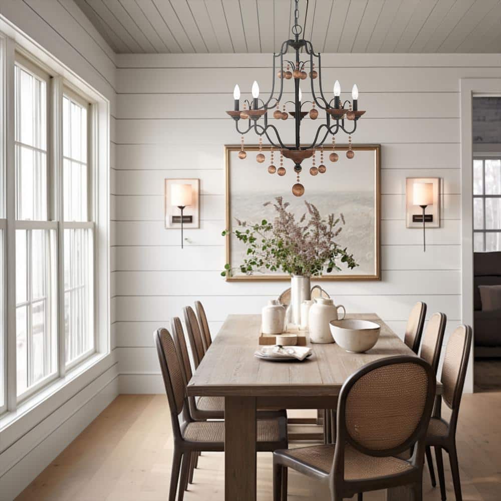 Old World Bronze and Walnut 5-Light Candle Chandelier
