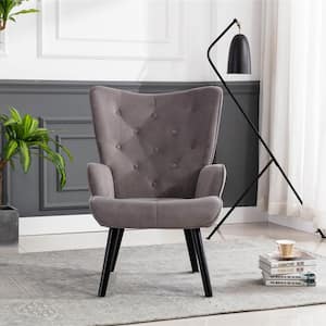 Modern Gray Velvet Fabric Upholstery Metal Frame Accent Arm Chair Leisure Chair with Solid Wood Legs