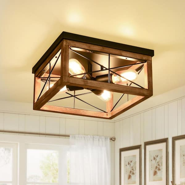 12.6 in. 4-Light Wood Farmhouse Flush Mount Ceiling Light with Cage Shade and No Bulbs Included