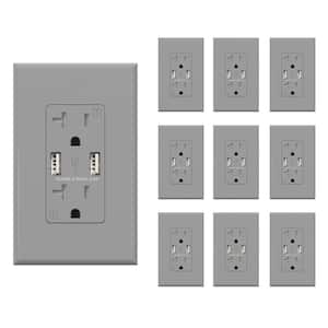 4.0 Amp USB Outlet, Dual Type A In-Wall Charger with 20 Amp Duplex Tamper Resistant Outlet, Gray (10-Pack)