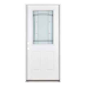 36 in. x 80 in. Right-Hand/Inswing Decorative Glass White Finished Fiberglass Prehung Front Door with Lockset Bore