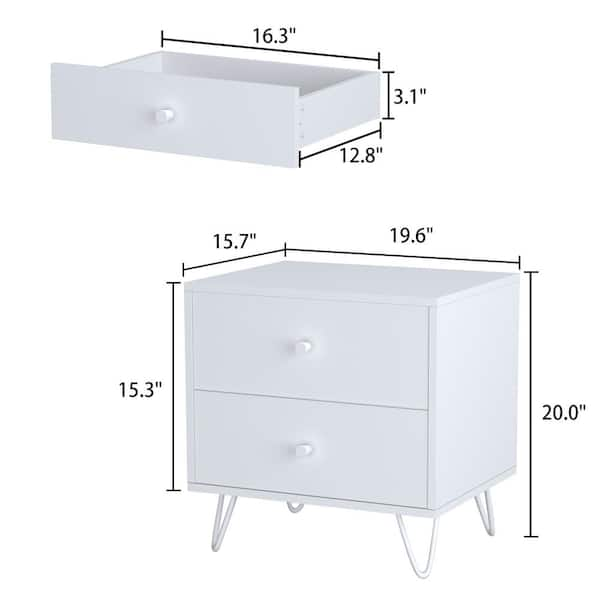 FUFU&GAGA 2-Drawer White Nightstands with Metal Legs and Open Shelf, Side Table  Bedside Table 15.7 in. D x 19.6 in. W x 21.6 in. H KF210123-04-xin - The  Home Depot