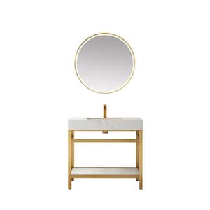 Funes 36 in. W x 22 in. D x 34 in. H Single Sink Bath Vanity in Brushed Gold with White Natural Stone Top and Mirror