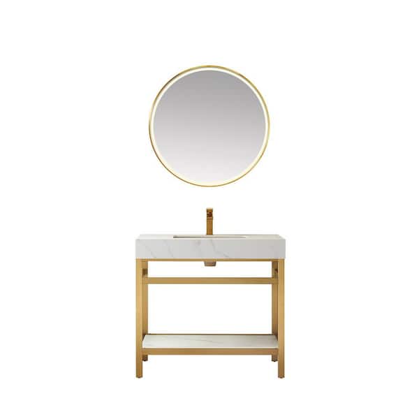 ROSWELL Funes 36 in. W x 22 in. D x 34 in. H Single Sink Bath Vanity in Brushed Gold with White Natural Stone Top and Mirror