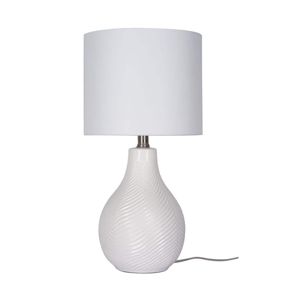 White Ceramic Gourd Table Lamp with Linen Drum Shade, 18"