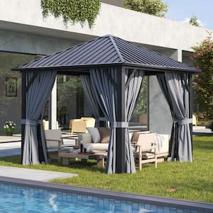 10 ft. x 10 ft. Outdoor Galvanized Steel Roof Gazebo, Aluminum Frame Pergolas with Ceiling Hook, Curtains and Netting