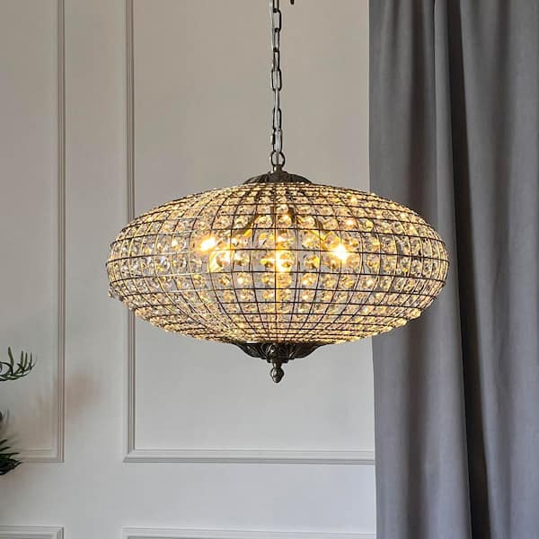 25 in. 6-Light Antique Bronze Chandelier with Vintage Patina & Retro French Crystals, Adjustable Chain for Dining Room