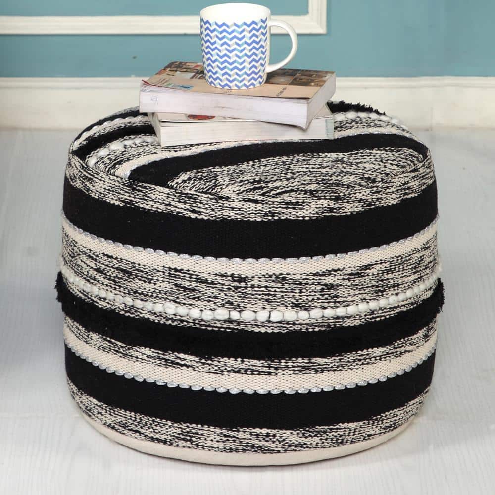 Chic Monochrome Striped Cotton Round Pouf, Black & Natural, 18"x14"
