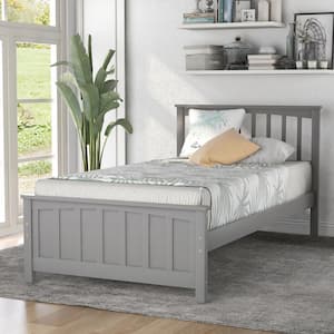 Twin Size Gray Platform Bed Frame with Wood Slats Twin Size Kid Bed Frame with Headboard No Box Spring Required