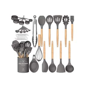 33-Piece Silicon Cooking Utensils Set with Wooden Handles and Holder for Non-Stick Cookware, Gray