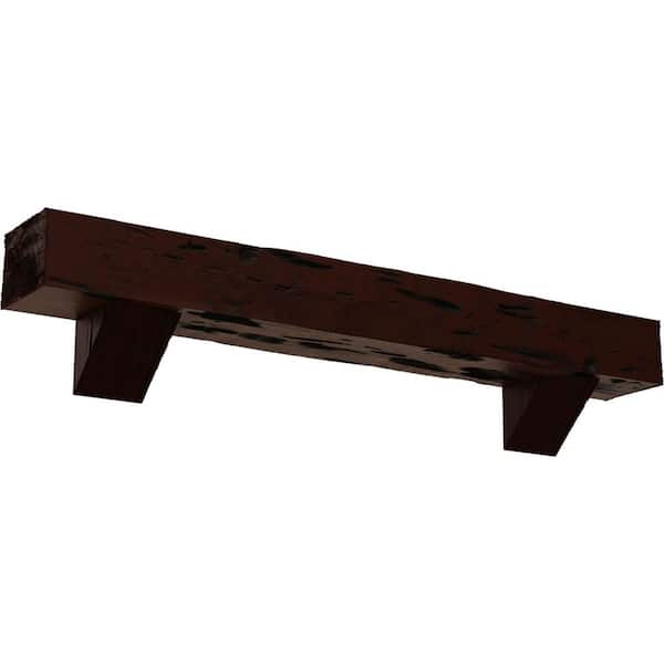 Ekena Millwork 6 in. x 6 in. x 4 ft. Pecky Cypress Faux Wood Fireplace Mantel Kit with Breckinridge Corbels, Natural Pecan