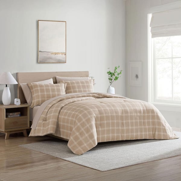 All-Season 7-Piece Reversible Taupe Plaid and Solid Color Polyester Microfiber Queen Bed in a Set