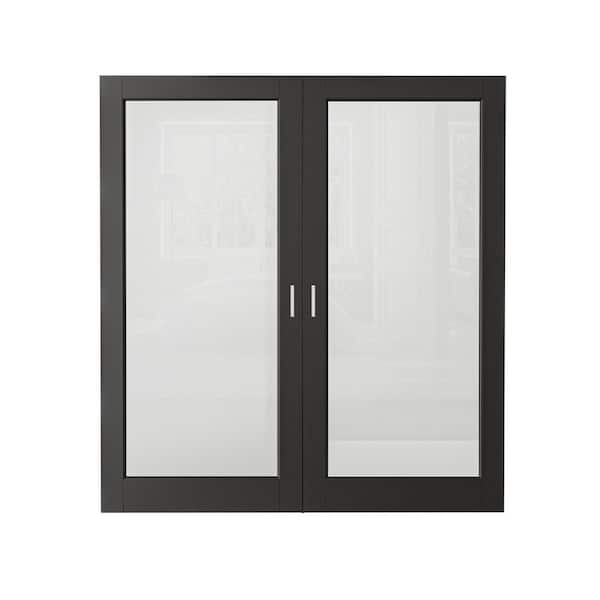 72 in., x 80 in., (Double 36 in.) 1-Lite Frosted Glass Black Solid Core Wood French Doors Interior Door Slab+ Ball Catch