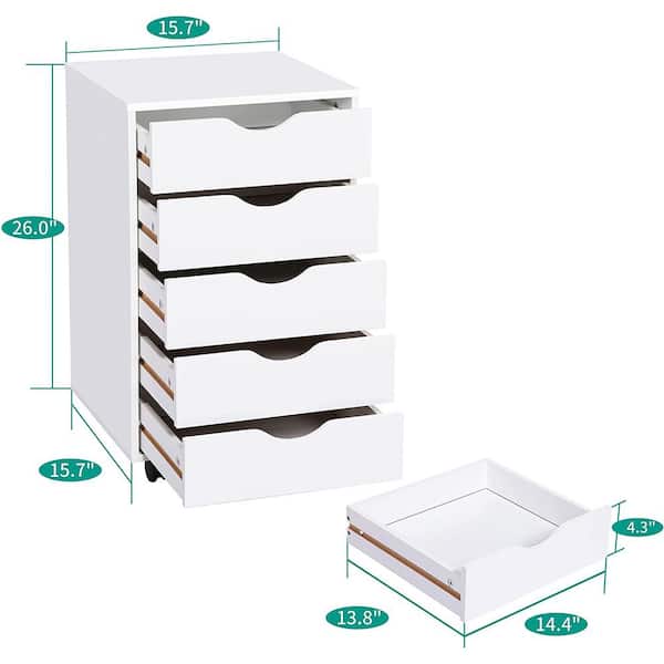 Maykoosh White 5 Drawer Chest, Wood Storage Dresser Cabinet with Wheels, Craft Storage Organization, 180 lbs. Total Capacity