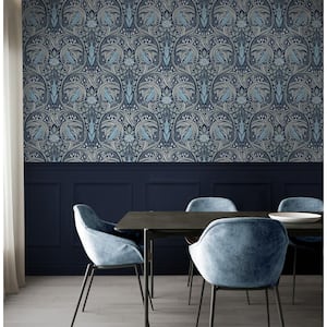 30.75 sq. ft. Navy and Sky Blue Bird Ogee Vinyl Peel and Stick Wallpaper Roll