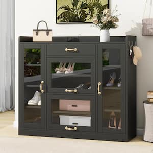 Modern Black Shoe Storage Cabinet with Glass Doors, Hooks, Adjustable Shelves, Versatile Side Cabinet with Gold Handles