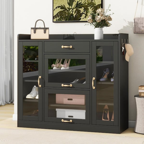 Harper & Bright Designs Modern Black Shoe Storage Cabinet with Glass Doors, Hooks, Adjustable Shelves, Versatile Side Cabinet with Gold Handles