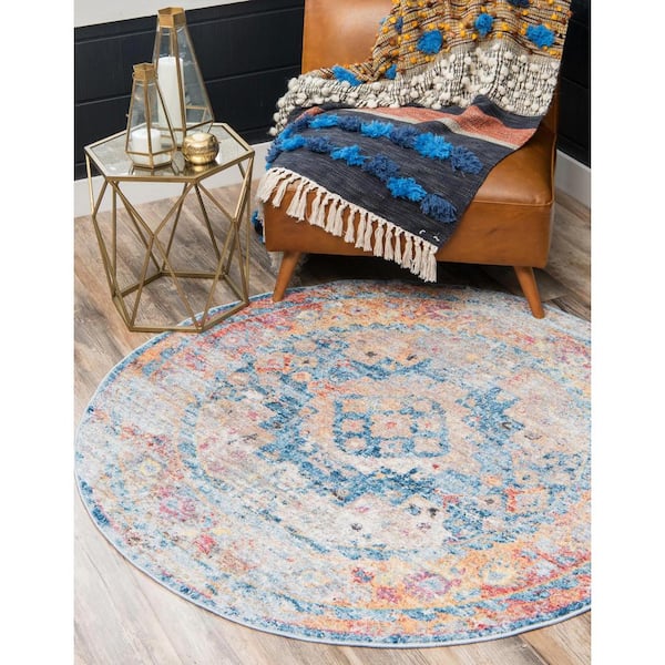 Basilica Las Ventas Blue 3 ft. 3 in. x 3 ft. 3 in. Round Rug