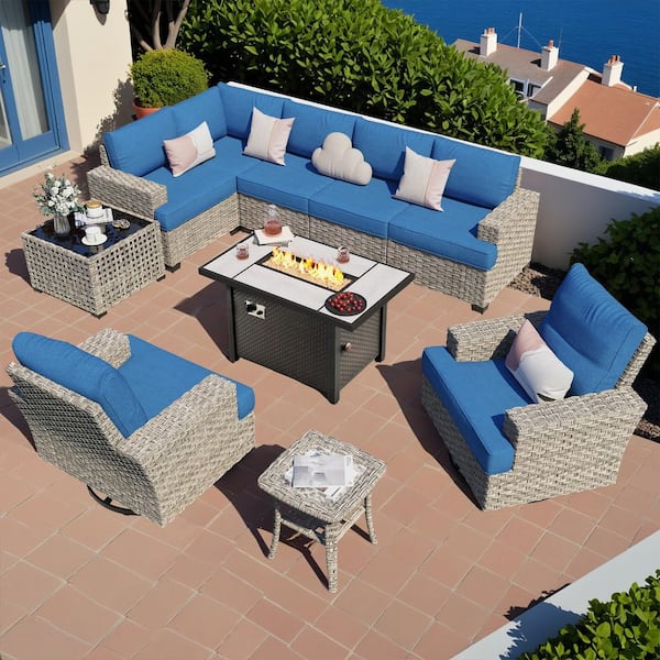 XIZZI Aurea 10-Pieces Wicker Outerdoor Patio Rectangular Fire Pit Set with Diamond Blue Cushions