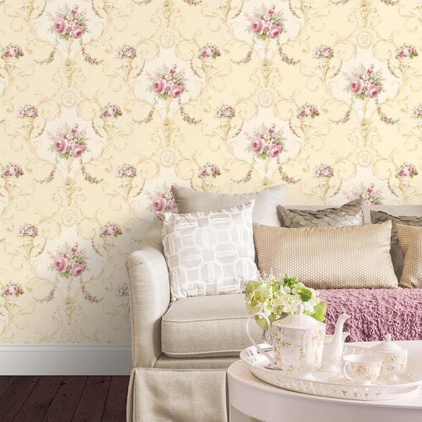 Ornamental Floral Wallpaper in Pink, Green and Gray