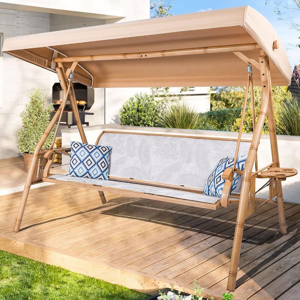 3-Seat Metal Outdoor Patio Swing Chair with Adjustable Canopy and Upgraded Cup Holders in Off-White