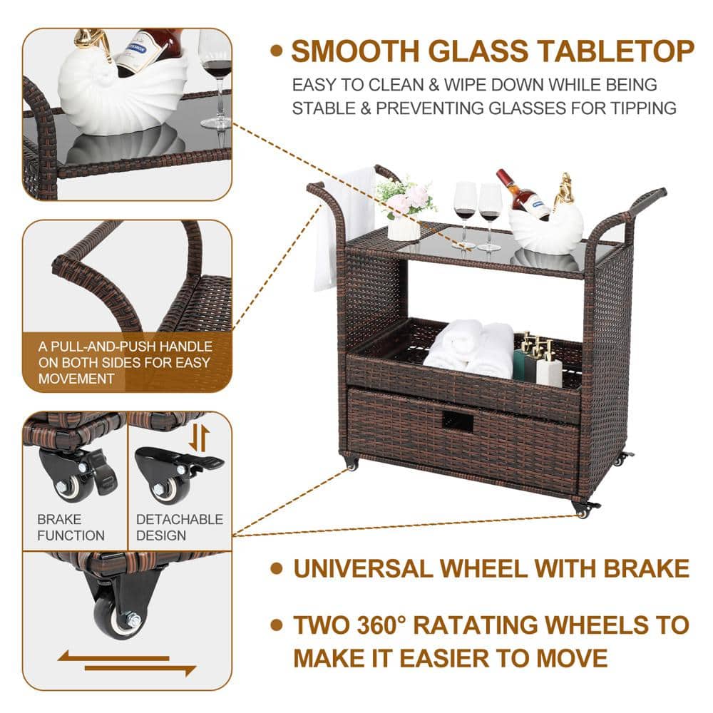 Multi-Brown Wicker and Iron Indoor Bar Cart with Storage