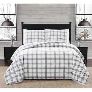 3-Piece White and Grey Plaid Cotton Flannel Full / Queen Comforter Set
