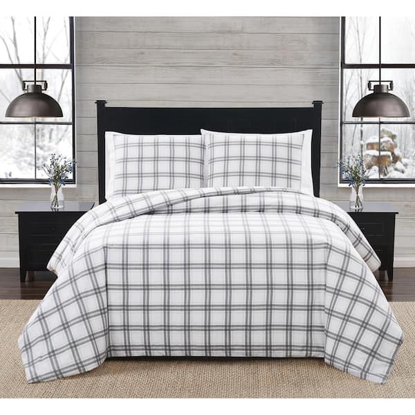 London Fog 2-Piece White and Grey Plaid Cotton Flannel Twin / Twin XL Comforter Set