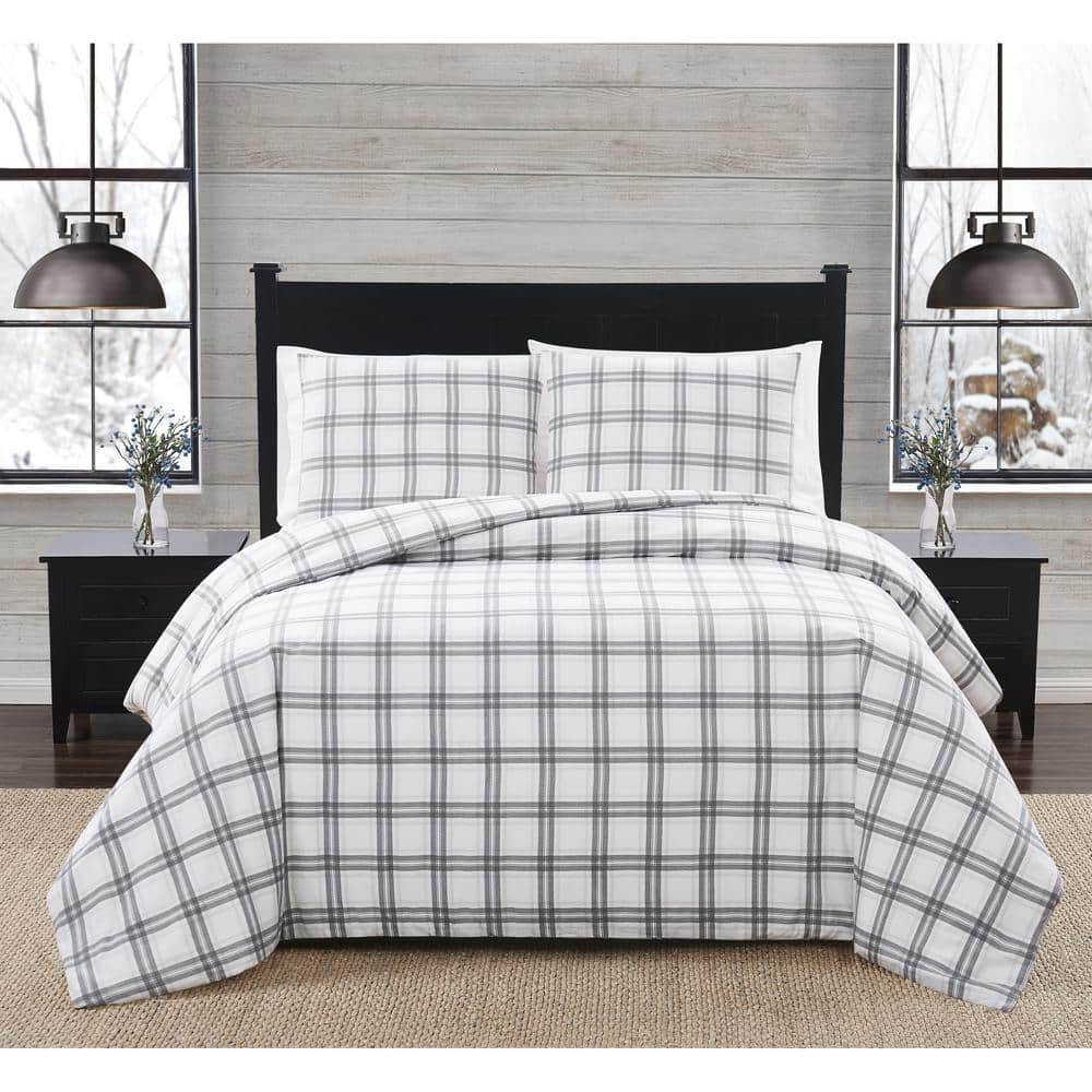 London Fog 2Piece White and Grey Plaid Cotton Flannel Twin / Twin XL Duvet Cover Set DCS4263TX
