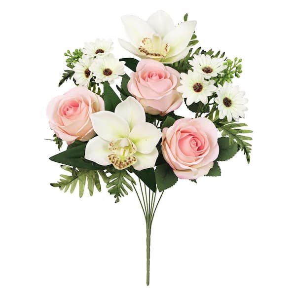 16 in. Cream Blush White Artificial Mixed Rose Cymbidium Orchid Daisy Flower Stem Bush Bouquet (Set of 2)
