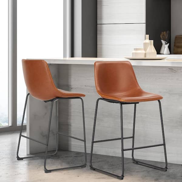 39.3 in. H Brown Low Back Bar Stool with Faux Leather Metal Legs and Footrest Seat Set of 1 Dining Chairs
