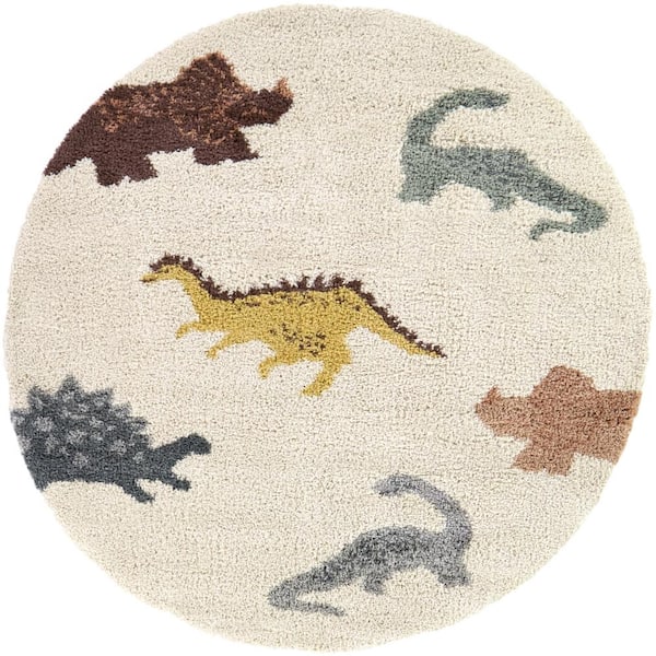 Dinosaur Cream 5 ft. x 5 ft. Novelty Round Area Rug