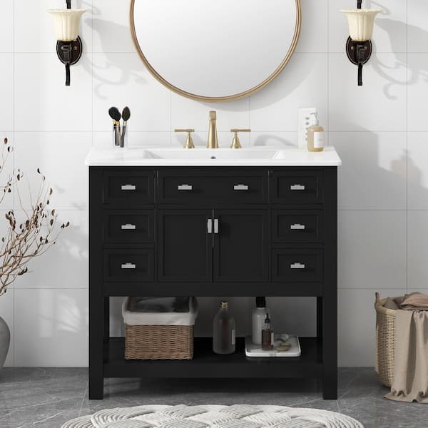 36 in. Single Sink Freestanding Black Bath Vanity with White Ceramic Top, Open Shelf, 6 Drawers